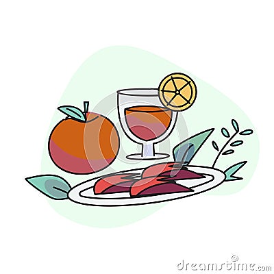 flat vector illustration, craft rabbit apple, orange juice and citrus fruits Vector Illustration