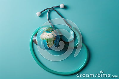 World Health Day. Global Health Awareness concept. Globe inside stethoscope. Green Earth day concept Stock Photo