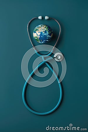World Health Day. Global Health Awareness concept. Globe inside stethoscope. Green Earth day concept Stock Photo