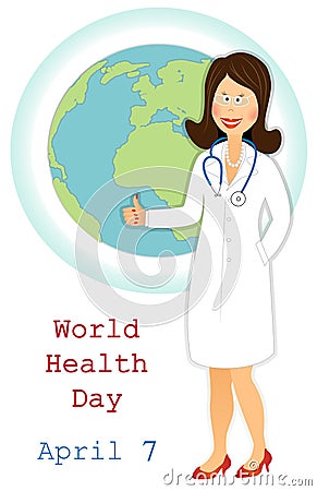 World health day. Happy doctor with ok sign and globe Vector Illustration