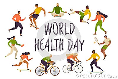 World Health Day. Healthy lifestyle. Roller skates, running, bicycle, run, walk, yoga. Active young people. Vector Vector Illustration