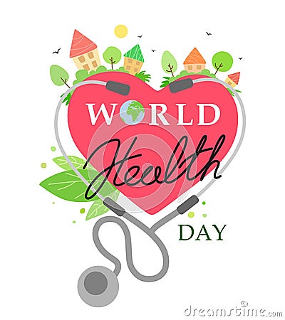World Health Day heart and stethoscope design. Houses and trees with heart bushes. Vector illustration on white background Vector Illustration
