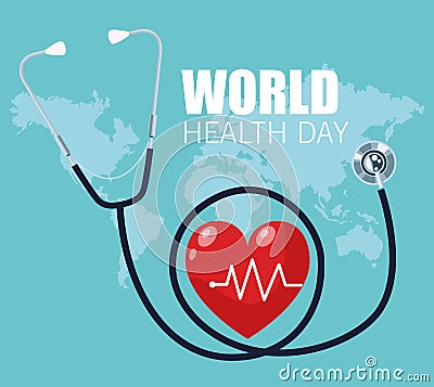 world health day lettering with heart cardio and stethoscope in earth planet Vector Illustration