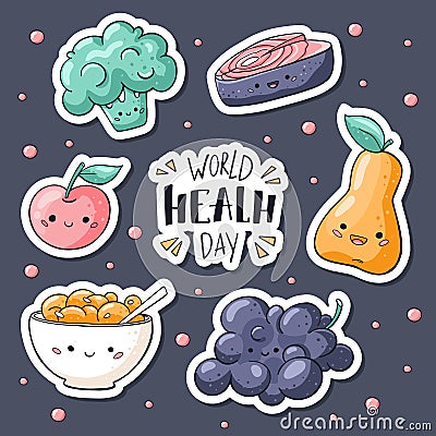 World health day stickers pack. World health day sign. Healthy food stickers collection in doodle style: salmon, muesli Vector Illustration