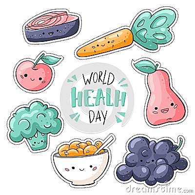 World health day stickers pack. World health day sign. Healthy food stickers collection in doodle style: salmon, muesli Vector Illustration