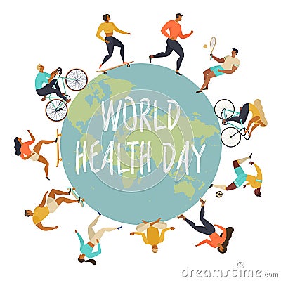 World Health Day 7th april with the image of doctors. Vector illustrations. Active young people. Healthy lifestyle Vector Illustration