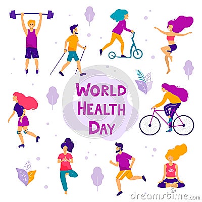 World health day vector illustration. Healthy lifestyle concept. Different physical activities Cartoon Illustration