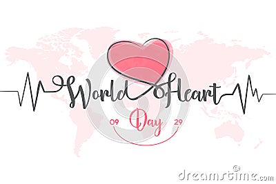 World Heart Day abstract letter line heart and cardio pulse trace on globe Vector Illustration