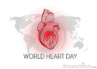 World Heart Day banner concept with low polygonal red anatomical heart and world map silhouette on white Vector Illustration