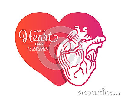 World heart day banner with Orange pink gradient human heart line drawing on heart sign vector design Vector Illustration