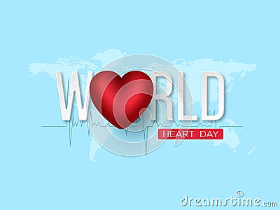World heart day concept. 3d red heart with white letters on blue map background, vector illustration. Vector Illustration