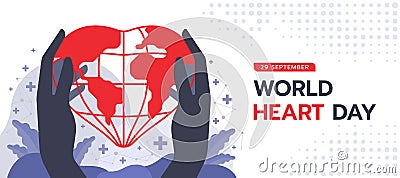 World heart day - dark hands hold care red heart globe sign and cross plus leaf around vector design Stock Photo