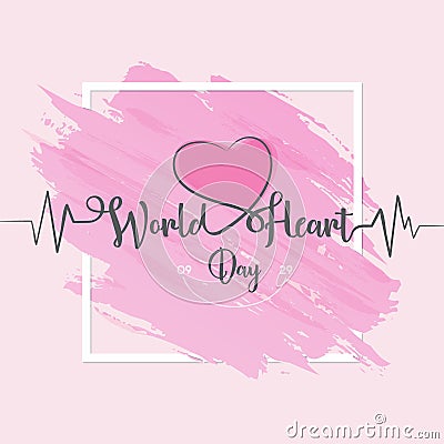 World Heart Day greeting card letter - line heart and cardio pulse trace on globe Vector Illustration