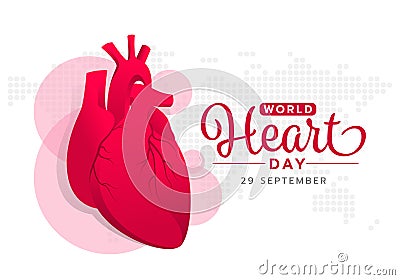 World heart day with red pink human heart sign on abstract dot world map texture background vector design Vector Illustration
