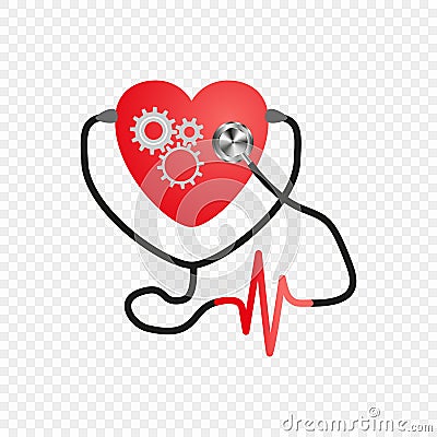 World heart day. Stethoscope Of The Heart. Gear mechanism in the heart. Artificial heart. Vector. Medical service design, ECG. Vector Illustration