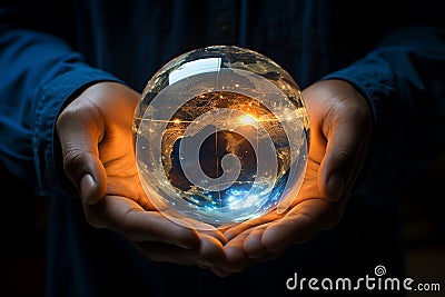 The world held in two substantial hands , Earth Hour concept Stock Photo