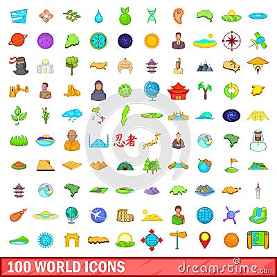 100 world icons set, cartoon style Vector Illustration