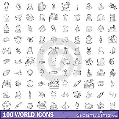 100 world icons set, outline style Vector Illustration