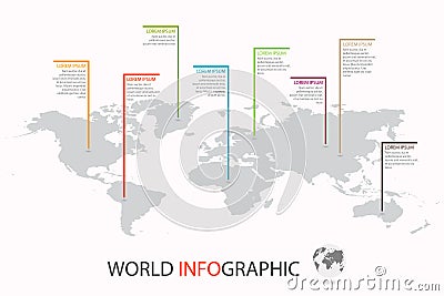 World infographic template. World map with marker on each continent Vector Illustration