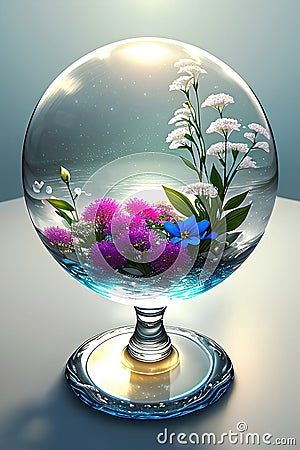 A world inside magic glass sphere, flowers water drops tree and grass inside glass ball. Generative Ai Cartoon Illustration