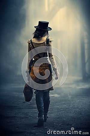 pretty mysterious steampunk woman walking in the fog. Stock Photo