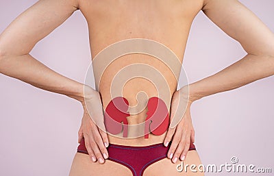 World kidney day. Loin spasm. Young woman body. Spine and kidney inflammation, pain and therapy. Woman in lingerie massaging pain Stock Photo