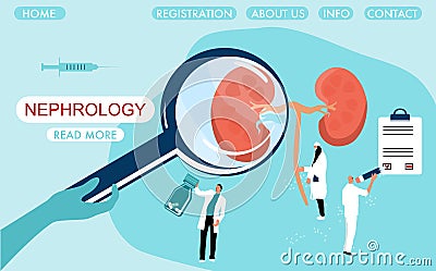 World Kidney day website template.Nephrology.Pyelonephritis and renal failure disease.Doctors team scrutiny organ with magnifier. Vector Illustration