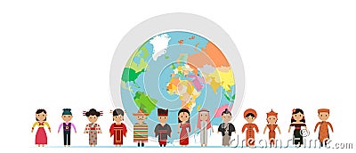 World kids. International friendship day! Vector illustration of diverse Children Holding Hands around the planet Cartoon Illustration