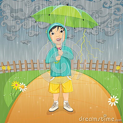 Vector Illustration Of A Little Boy Under Umbrella Vector Illustration