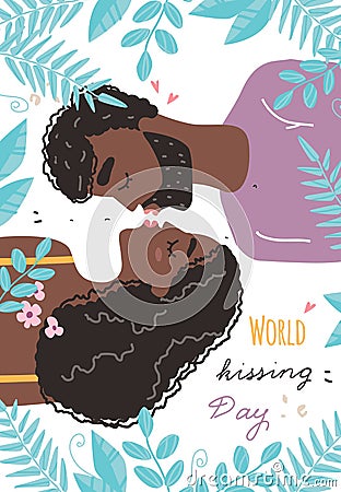 World kissing Day. Romantic black african american couple in love kissing Cartoon Illustration