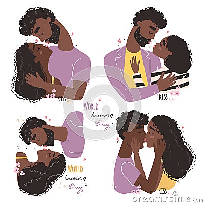 World kissing Day. Romantic black african american couple in love kissing. Vector Illustration