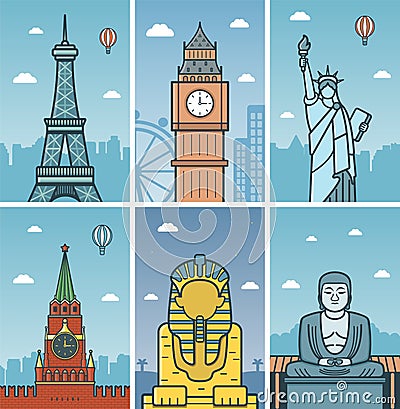 World Landmarks design with Cities skylines. Paris, London, New York, Moscow, Giza and Kamakura cities skylines design Vector Illustration