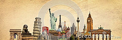 World landmarks and famous monuments collage isolated on panoramic vintage texture background Stock Photo