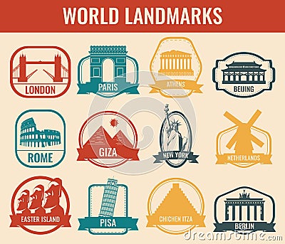 World landmarks flat icon set. Travel and Tourism. Vector Vector Illustration