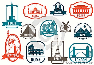 World landmarks flat icon set. Travel and Tourism. Vector Vector Illustration