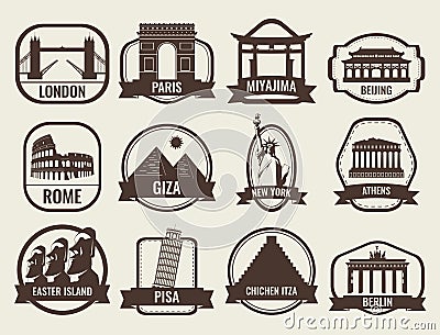 World landmarks flat icon set. Travel and Tourism. Vector Vector Illustration