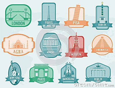 World landmarks flat icon set. Travel and Tourism. Vector Vector Illustration