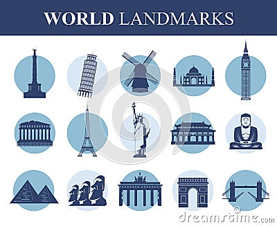 World landmarks flat icon set. Travel and Tourism. Vector Vector Illustration