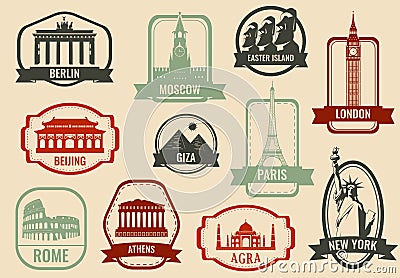 World landmarks flat icon set. Travel and Tourism. Vector Vector Illustration