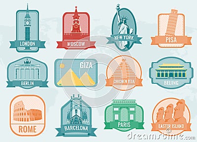 World landmarks flat icon set. Travel and Tourism. Vector Vector Illustration