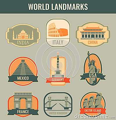 World landmarks flat icon set. Travel and Tourism. Vector Vector Illustration