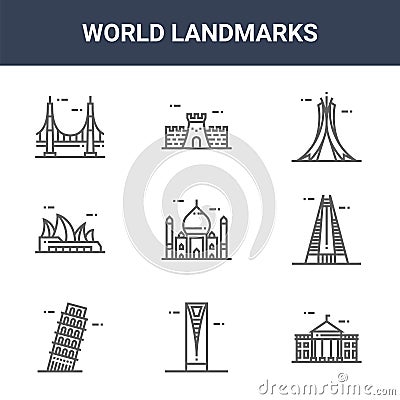 9 world landmarks icons pack. trendy world landmarks icons on white background. thin outline line icons such as white house, the Vector Illustration
