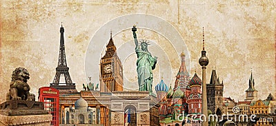 World landmarks photo collage on vintage tes sepia textured background, travel tourism and study around the world concept, vintag Stock Photo