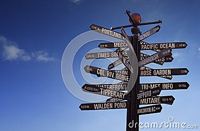 World Landmarks Signpost with blue sky and free copy space Stock Photo