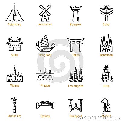 World Landmarks - Vector Line Icon Set - Part II Vector Illustration