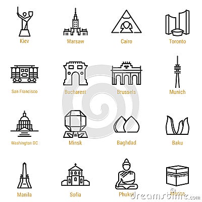 World Landmarks - Vector Line Icon Set - Part III Vector Illustration