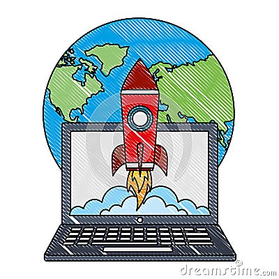 World laptop rocket launch start up innovation success Vector Illustration