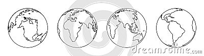 World in line style. Outline earth icons. Simple globes with countries. Black planet on white background. Silhouette of maps for Vector Illustration