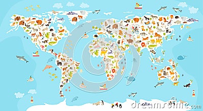 World mammal map. Beautiful cheerful colorful vector illustration for children and kids. Vector Illustration