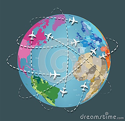 Vector Earth planet with flying airplanes` dotted path on it. Travel background Vector Illustration